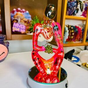 Handmade Strawberry Abstract Figurine with Green Crystal Accent